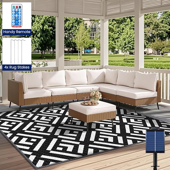 Outdoor Rug 6x9Ft, Solar Powered Outdoor Camping Rug with 93LEDs Strip Lights, Waterproof Plastic Reversible Outdoor Straw Rug, Rug Mat for RV Camping Patio Beach Balcony House Deck Picnic