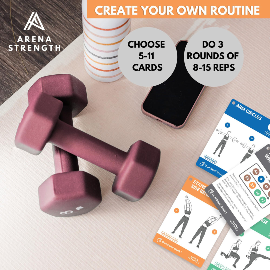 Arena Strength Dumbbell Fitness Workout Cards- Instructional Deck for Dumbbell Workouts, Video Instructions Included. Low Impact Exercises. Perfect for Dumbbell Training at Home.