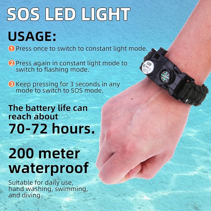 Adjustable Survival Paracord Bracelet, 2 Pack Emergency Fire Starter Kit with Loud Whistle Compass Light Flint Steel for Hiking Fishing Hunting, Tactical Gear Equipment Multitools