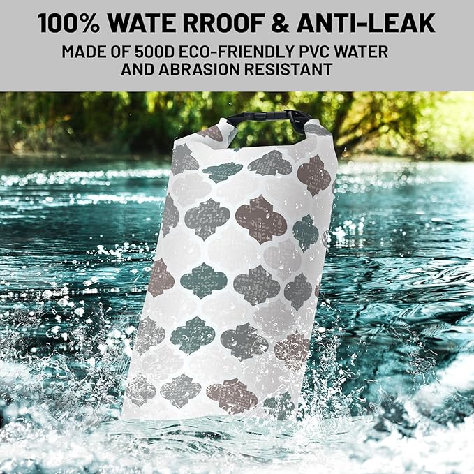Waterproof Dry Bag,Roll Top Retro Gray Moroccan Geometric Waterproof Backpack 5L/10L/20L Floating and Lightweight Bags for Kayaking, Boating, Fishing, Swimming and Camping