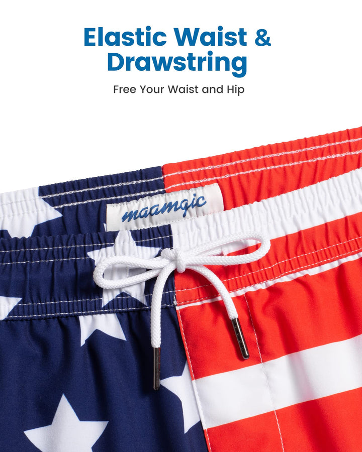 maamgic Mens Swim Trunks with Compression Liner 5" Stretch Athletic Swimming shorts Quick Dry with Zipper Pockets No-Chafing Board Shorts Half-Half American Flag XS