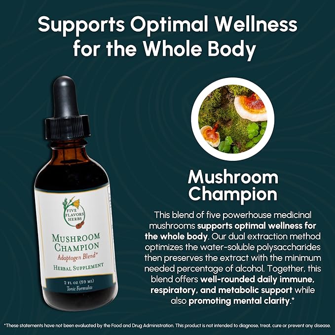 Mushroom Champion Tincture - Metabolic Support, Immune Support, Respiratory Support, Adaptogen Blend, Tonic Formula, Reishi, Maitake, Herbal Supplement - 2 Fl Oz