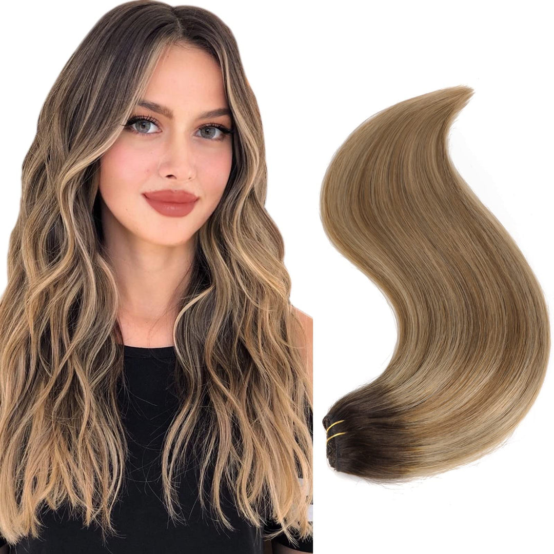18'' Clip In Remy Human Hair Extensions Dark Brown Fading To Chestnut Brown And Dirty Blonde Ombre Clip In Extensions Balayage H