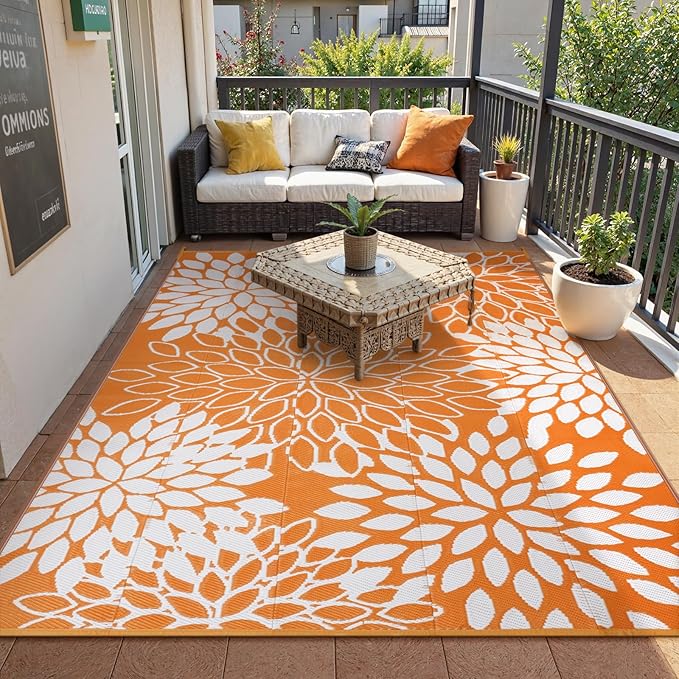 Anidaroel Outdoor Rugs 6x9ft for Patios Clearance Waterproof, Reversible Tropical Plastic Straw Camping Mat Outside Rug, Large Outdoor Area Rug for RV, Porch, Deck, Balcony, Picnic(Orange,6'x9')