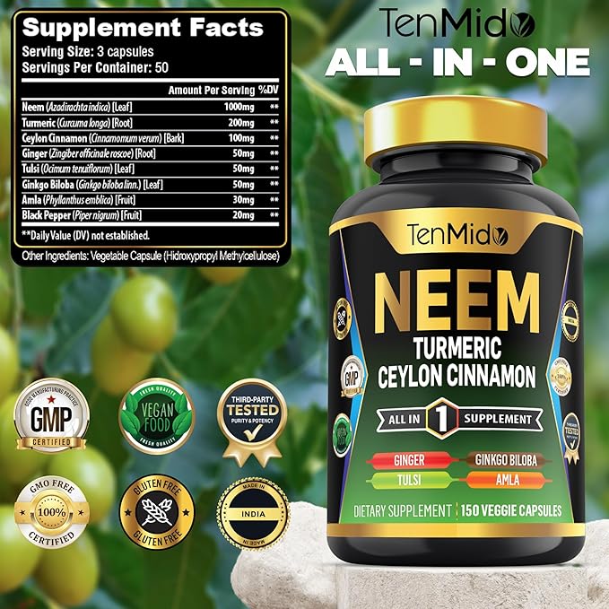 Neem Leaf Supplement - 8in1 Formula - Combine with Turmeric, Ceylon Cinnamon, Ginger, Tulsi, Ginkgo Biloba, Amla, and Black Pepper - Immune Health Support - 150 Vegan Capsules