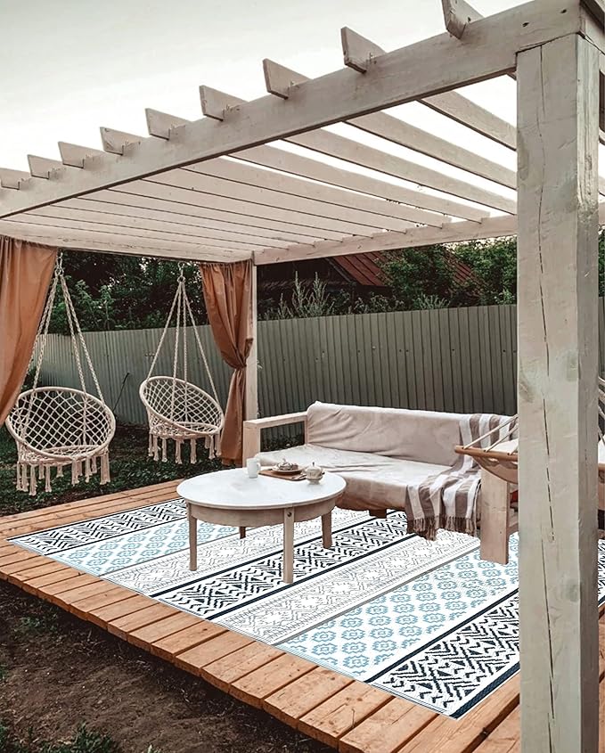 BalajeesUSA Outdoor Plastic Patio Rugs – 5x7, Grey, Teal Multipurpose Reversible mats Woven Plastic Straw All-Weather and Waterproof Rug Camper Mats Outdoor