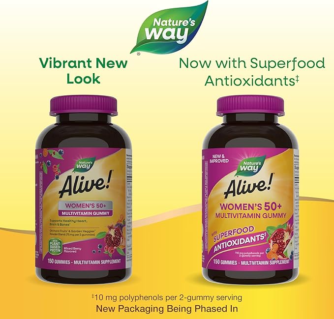 Nature's Way Alive Women’s 50+ Daily Gummy Multivitamins, Supports Multiple Body Systems*, Supports Healthy Heart, Brain & Bones,* B-Vitamins, Mixed Berry Flavored, 150 Gummies (Packaging May Vary)