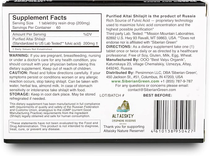 Premium Pure Shilajit Dry Drops Altai Golden Mountains - 60 Count (200 mg) Authentic Safety & Quality Certificate - US Lab Tested Fulvic Acid