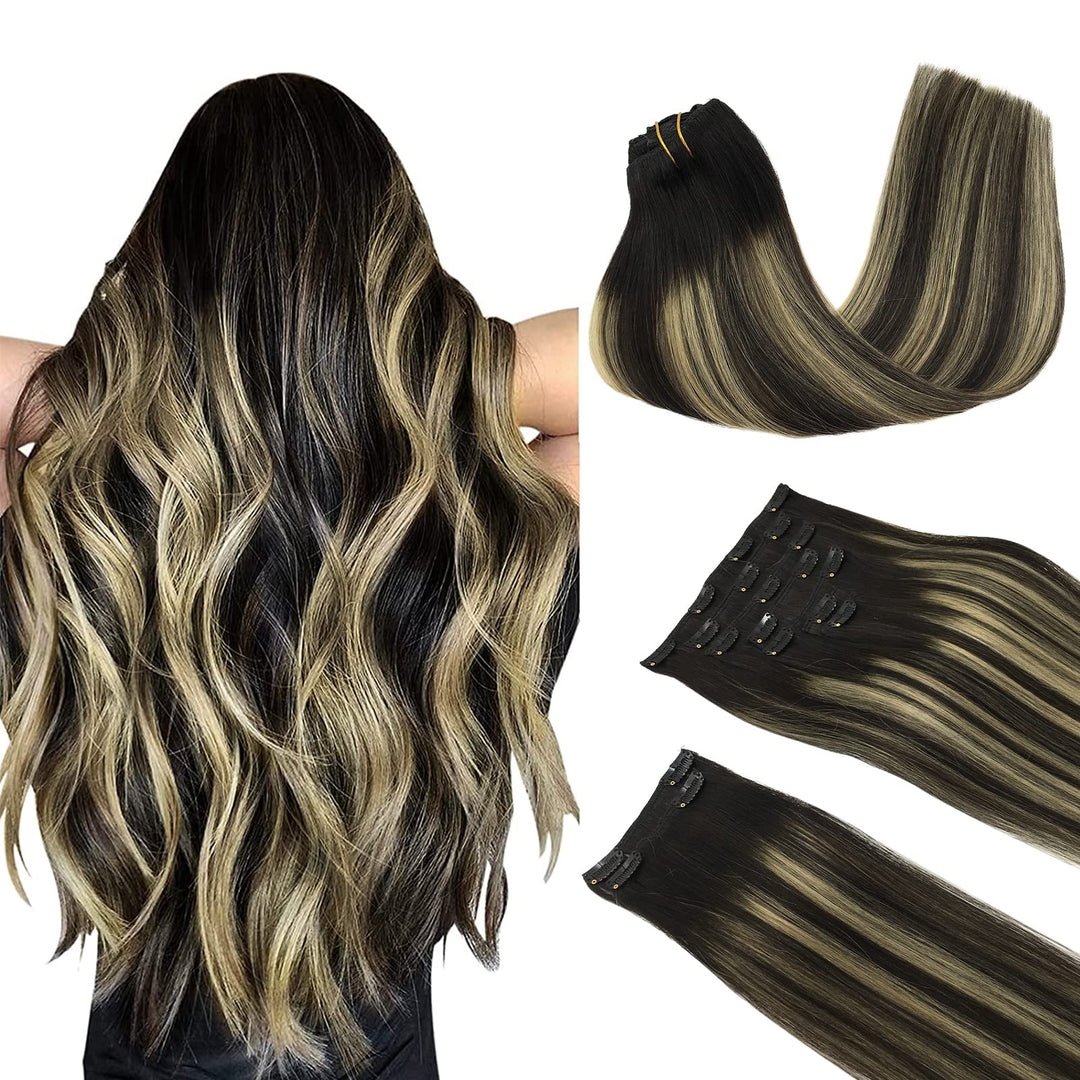Doores Hair Extensions Real Human Hair, Balayage Natural Black To Light Blonde 20 Inch 150G 9Pcs, Clip In Extensions Human Hair
