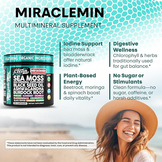 Clean Nutra Sea Moss Capsules with Ashwagandha, Black Seed Oil, Burdock Root, Bladderwrack, Moringa, Chlorella, Spirulina, Turmeric, Elderberry, Amla – 90 Vegan Capsules – MiracleMin