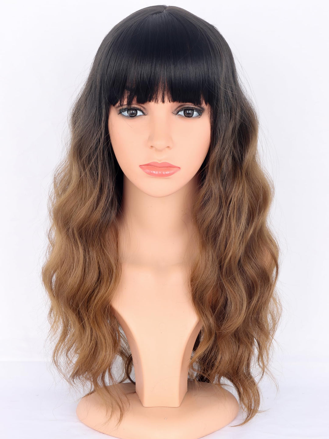 Symeiw Ombre Brown Wavy Wigs With Bangs For Women Medium Long Brown Synthetic Wigs Natural Wavy Black To Brown Wigs Heat Resista