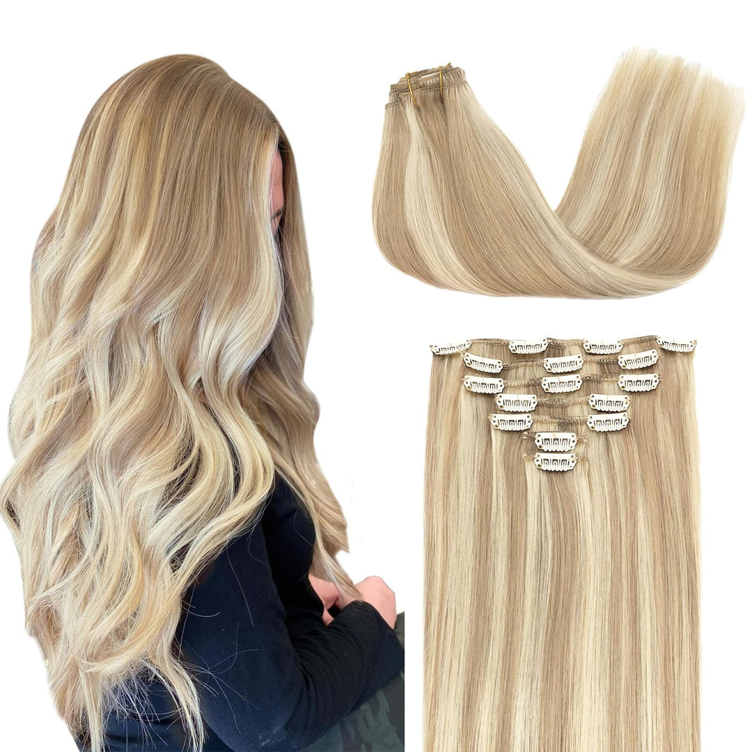Doores Clip In Human Hair Extensions Balayage Dark Blonde Highlighted Bleach Blonde 120G 7Pcs 16 Inch Remy Hair Extensions Clip
