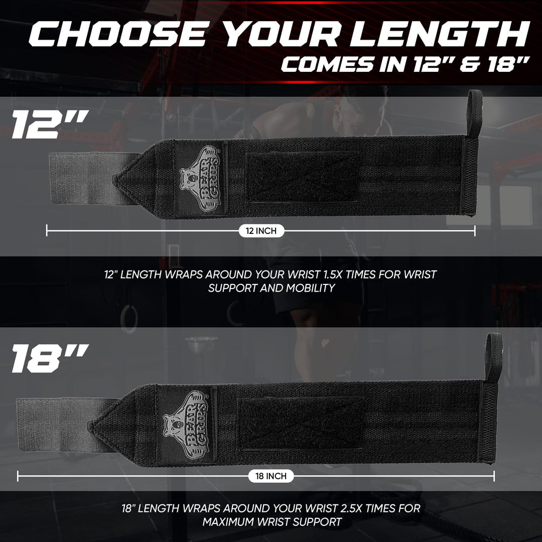 Bear Grips Wrist Wraps for Weightlifting | Weight Lifting Wrist Straps for Weightlifting | Extra Strength Gym Wrist Wraps | Two Wrist Wrap Per Pack | 12” & 18” | Lifting Wrist Wraps for Men & Women