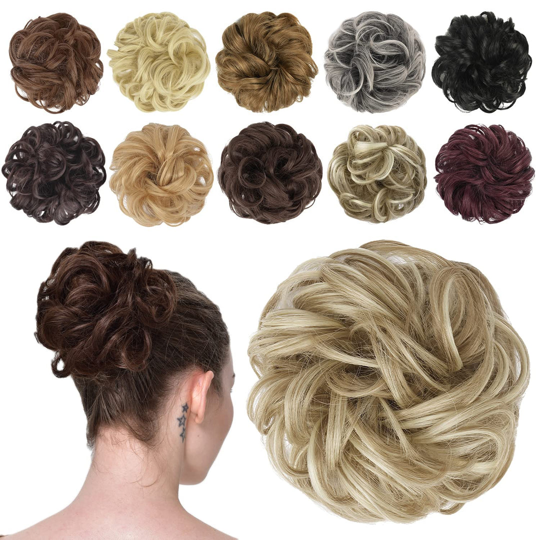 FESHFEN Messy Bun Hair Piece - Elastic Wavy Curly Hair Bun Scrunchies Extensions Synthetic Chignon Hairpieces for Women Girls, Light Ash Brown & Bleach Blonde 1 PCS
