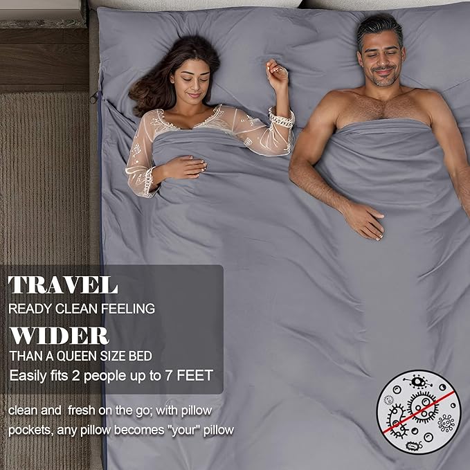Sleeping Bag Liner,Adult Sleep Sack & Travel Sheets,Travel Sleep Sack for Backpacking, Hotels & Hostels - Lightweight Single & Double Travel Sheet Camping Sheets,Has Full Length Zipper