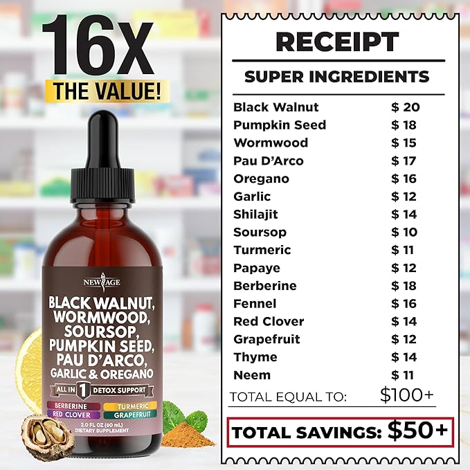 Black Walnut Wormwood Cleanse Drops - Liquid Soursop, Garlic, Pumpkin Seed, PAU D'Arco, Oil of Oregano, Turmeric, Berberine, Neem Extract, Hull Bark, Tincture - - 4oz
