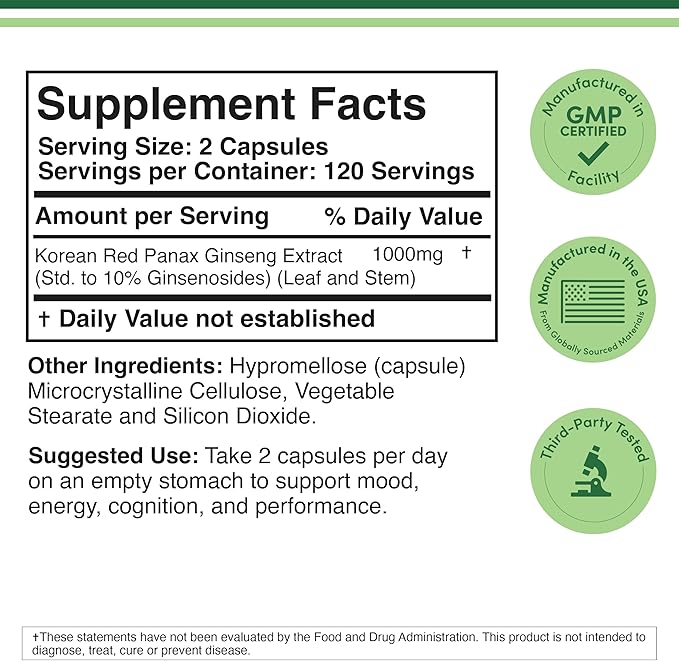 Ginseng Capsules (Korean Red Ginseng Extract, Panax Ginseng 10% Ginsenosides) (4 Month Supply) 240 Vegan Capsules - 1,000mg per Serving for Mood, Cognitive Function and Energy Support by Double Wood