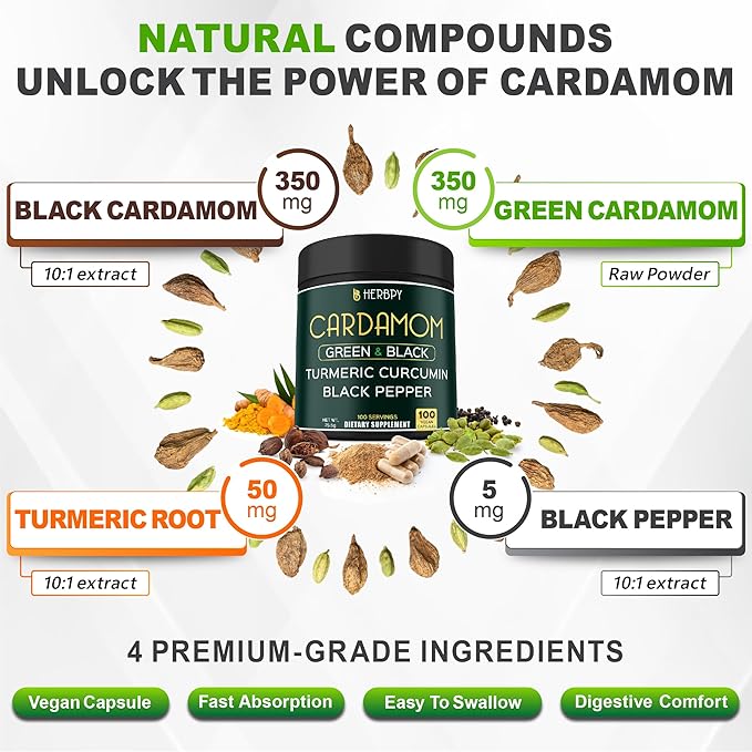 Bundle 5in1 Valerian Root Supplement 100 Count & 4in1 Cardamom Supplement 100 Count - Support Relaxation, Digestion, Heart and Oral Health