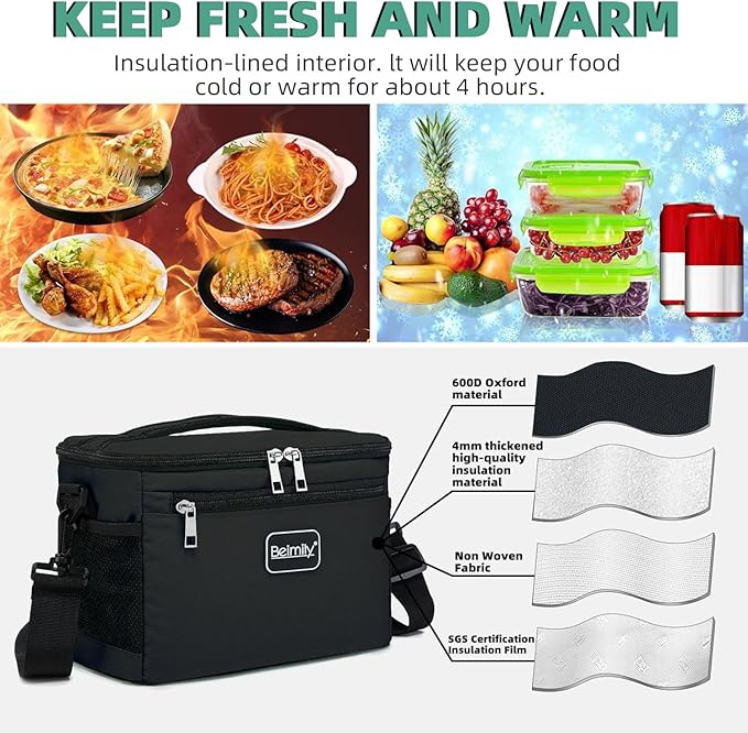 BEIMILY Lunch Box for Men/Women, Small Insulated Lunch Bag, Leak-Proof Soft Cooler Tote Bag, Reusable LunchBox for Work, Travel, Fitness, Picnic with Adjustable Shoulder Strap for Adults (Black)