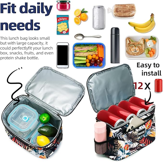 BEIMILY Lunch Box for Men/Women,Small Insulated Lunch Bag,Reusable LunchBox for work Picnic Beach,Leakproof Soft Cooler Tote Bag Organizer with Adjustable Shoulder Strap for Adults(plantflowers)