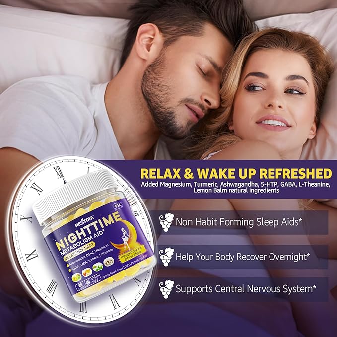Melatonin 10mg Gummies, Night Time Metabolism Gummies for Adults, Crush Excess Hoarding While You Rest, Promote Healthy Zzzs, with Magnesium, Ashwagandha, 5-HTP, GABA, 100% Drug Free,Sugar Free,2Packs