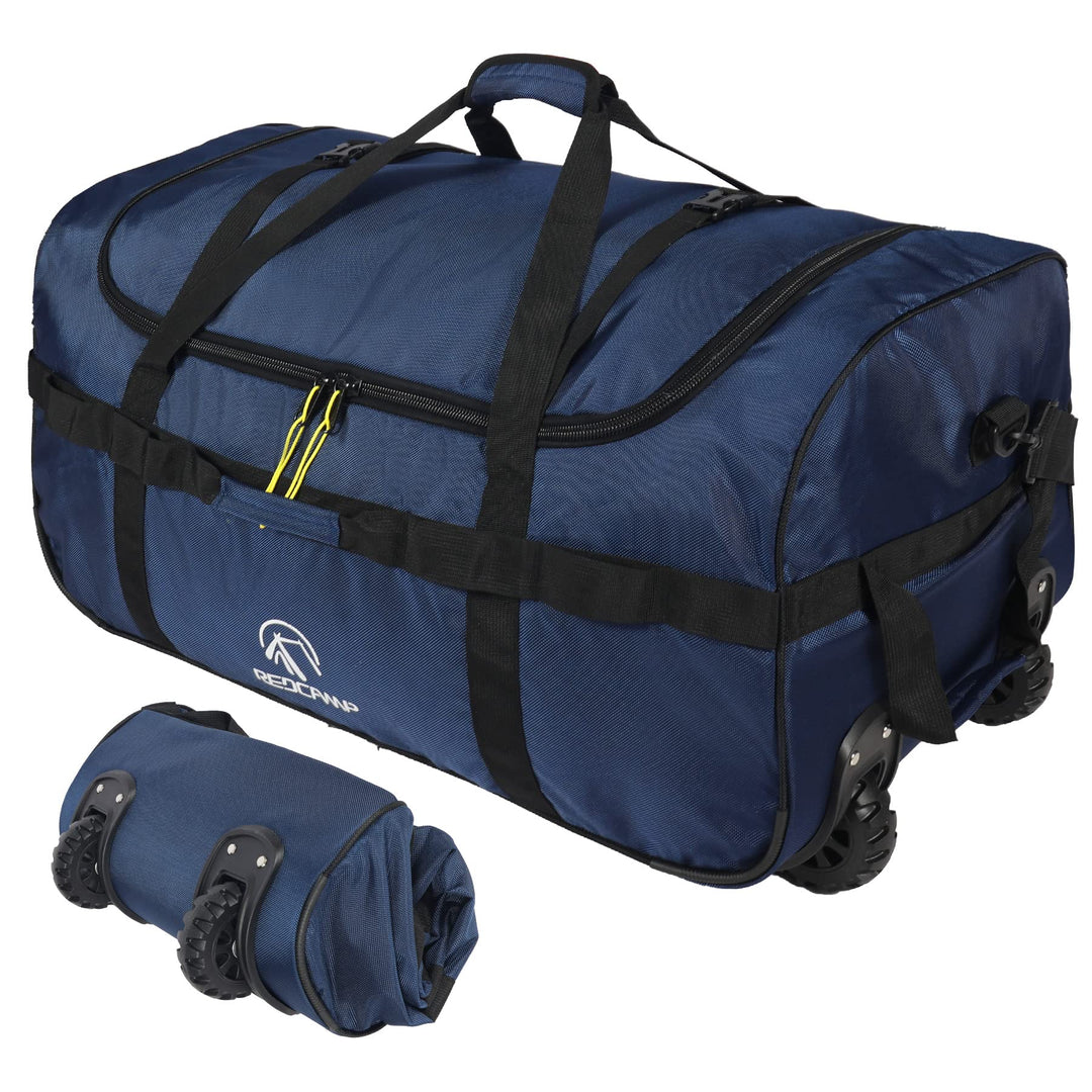 REDCAMP Foldable Duffle Bag with Wheels 120L, 1680D Oxford Collapsible Large Duffel Bag with Rollers for Camping Travel Gear, Navy Blue