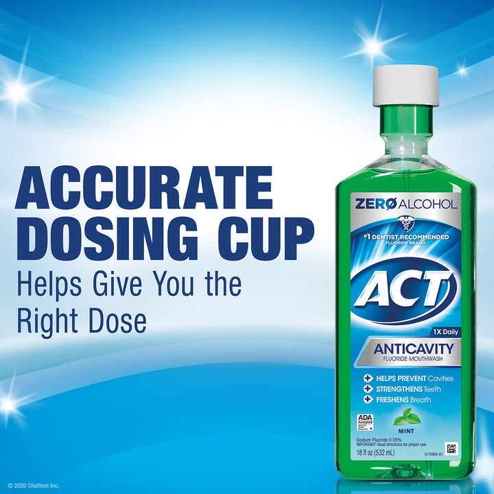 ACT Anticavity Zero Alcohol Fluoride Mouthwash 18 fl. oz., with Accurate Dosing Cup, Mint (Pack of 2)