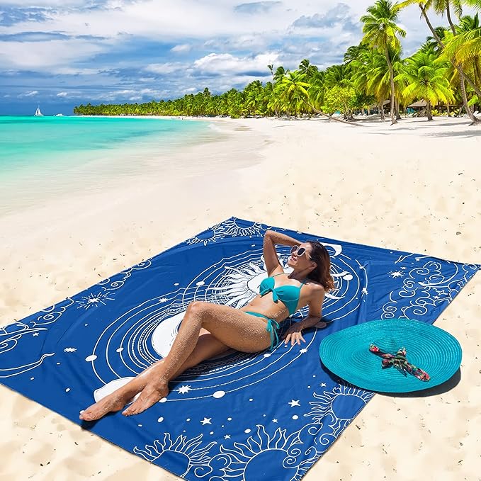 Beach Blanket, Wateresistant Sandproof Sand Free Beach Mat with Corner Pockets Portable Bag for Beach Festival,Picnic,Travel and Outdoor Camping Activties (BL-SUNMOON, 79"×83"(4 Person))