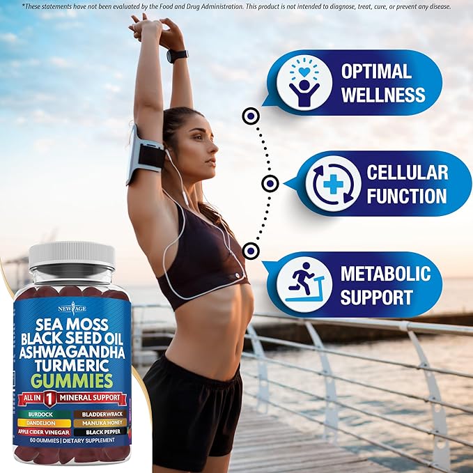 Sea Moss Gummies, Sea Moss, Black Seed, Ashwagandha, Turmeric, Manuka Honey, ACV, Dandelion, Black Pepper, Burdock, Bladderwrack, Vegan - 120 Count