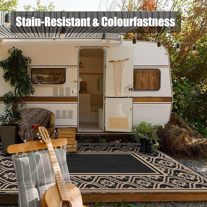 Patio Rug 5'x8' Waterproof Outside Area Rugs Reversible Brown Outdoor Plastic Straw Carpet for RV Deck Camping Entryance Porch Picnic Balcony Beach