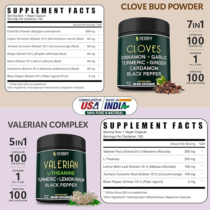 Bundle 7in1 Cloves Supplement & 5in1 Valerian Root Supplement - Support Immune, Digestion, Heart Health, Restful Night and Relaxation