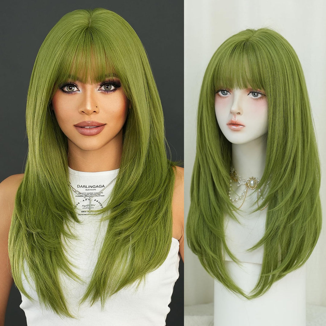 7Jhh Wigs Long Straight Green Synthetic Wig With Bangs 25Inch Layered Straight Middle Length Heart Resistant Synthetic Fiber Wig