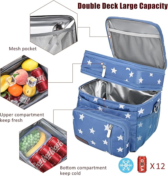 Lunch Bag & Lunch Box for Men Women Double Deck - Leakproof Insulated Soft Large Adult Lunch Cooler Bag for Work (Blue Pentagram,15L) MIYCOO