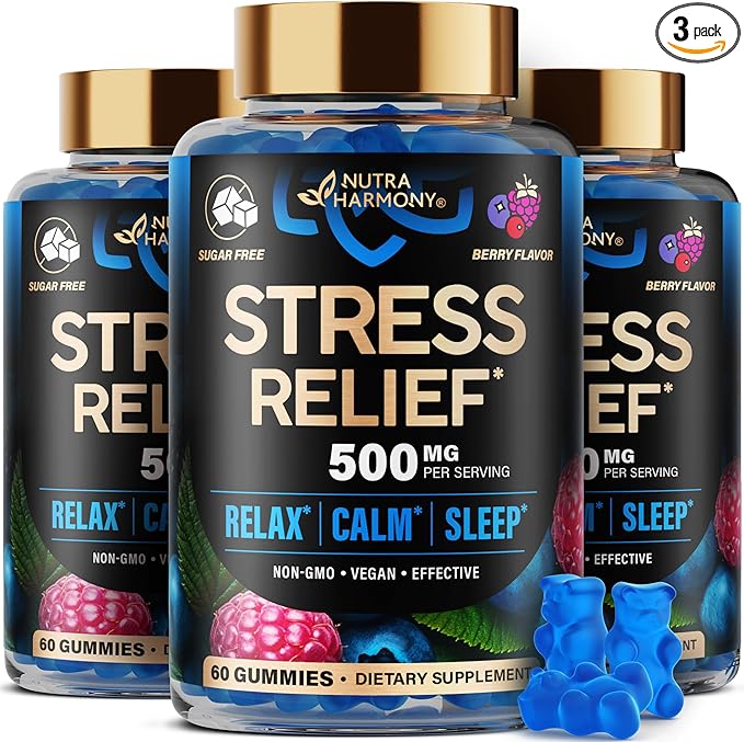 Stress Relief Support 500 mg - Relax, Calm & Sleep Support - Stress Gummies with L-Theanine | GABA | Ashwagandha | 5-HTP | Vitamin B6 & Magnesium - Sugar-Free, Vegan, Mixed Berry Flavor, Pack of 3