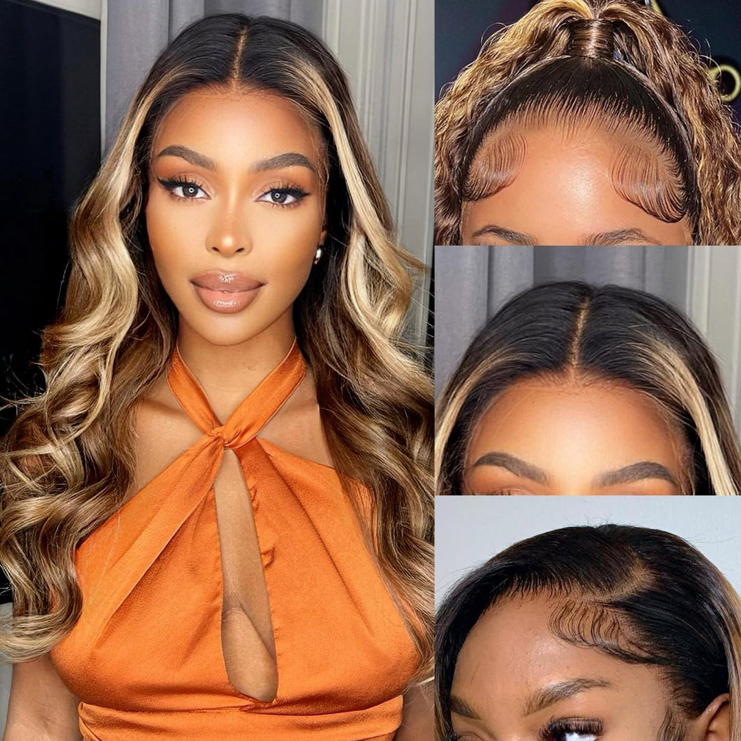 Aaliweya 360 Highlight Ombre Lace Front Wigs Human Hair P4/27 Color Pre Plucked Body Wave 360 Hd Full Lace Frontal Wigs For Wome