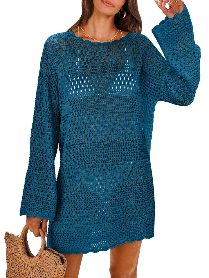 ANRABESS Women Swimsuit Crochet Swim Cover Up 2024 Summer Bathing Suit Swimwear Mesh Knit Beach Dress Vacation Outfits Cyan Small