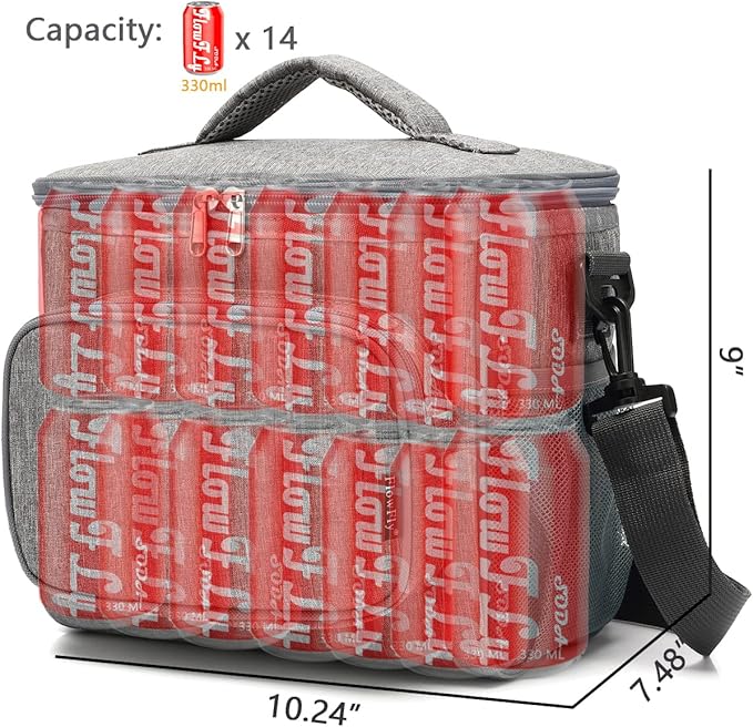 FlowFly Insulated Reusable Lunch Bag Adult Large Lunch Box for Women and Men with Adjustable Shoulder Strap,Front Zipper Pocket and Dual Large Mesh Side Pockets,Grey