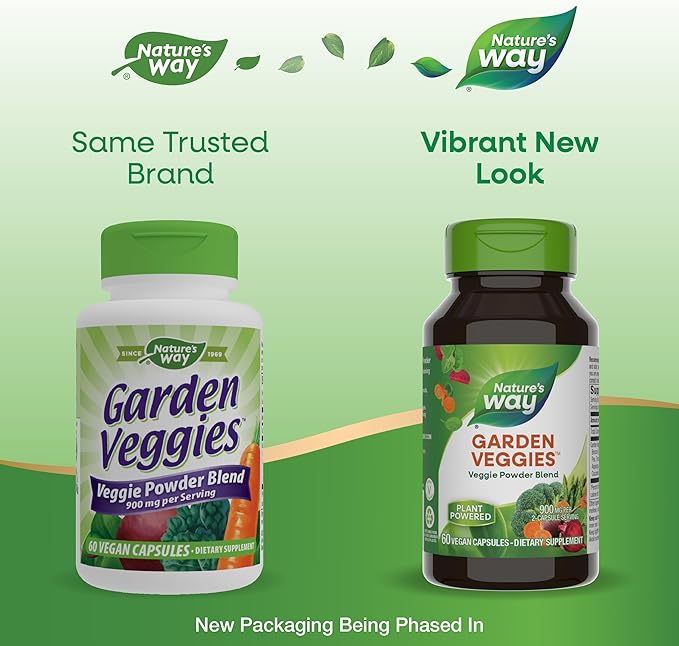 Nature's Way Garden Veggies, Veggie Powder Blend, 900 mg per 2-Capsule Serving, 60 Vegan Capsules (Packaging May Vary)