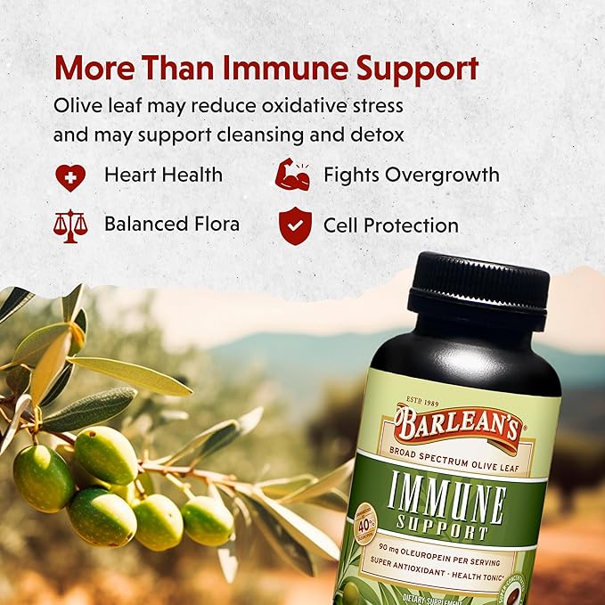 Barlean's Olive Leaf Complex Softgels Immune Support Supplement with 90 mg Oleuropein Antioxidants, Concentrated Heart Health and Immunity Booster Pills, 60 Count