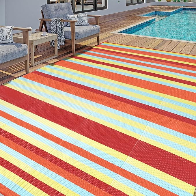Outdoor Waterproof Rug 5'x8' Plastic Straw Rugs Washable Reversible Floor Mat Rainbow Stripe Carpet for Camping RV Deck Entryance Porch Picnic Balcony Beach Backyard