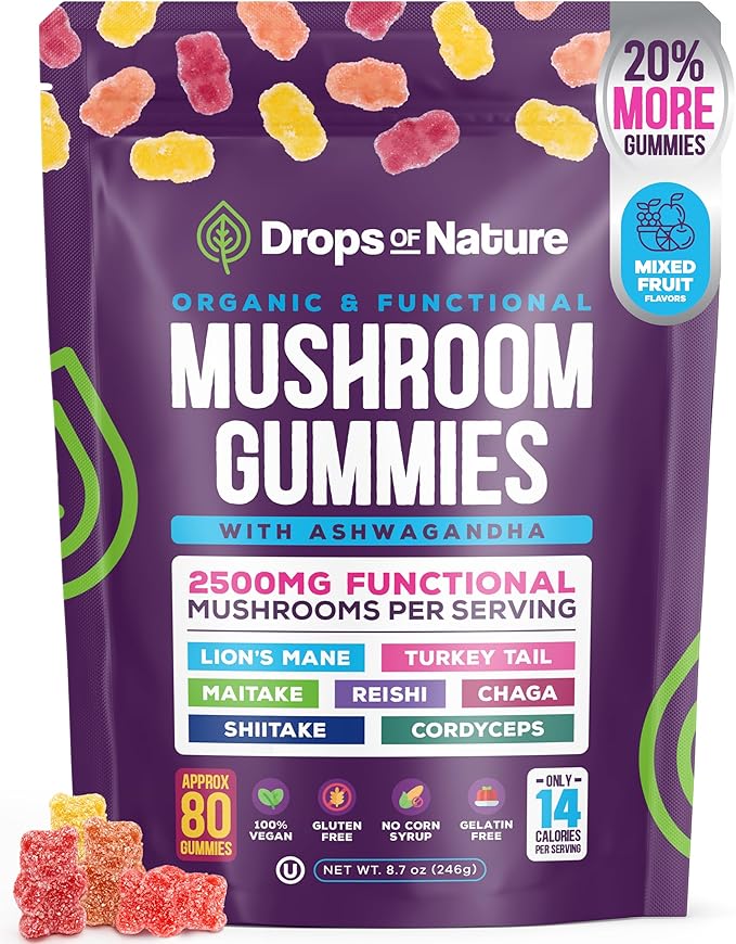 Ashwagandha Gummies and Lions Mane Mushroom Gummies Supplement - Organic - Reishi, Cordyceps, Turkey Tail, Maitake, Shitake, Chaga - Immune Defense, Boosts Cognitive Performance, Vegan, Low Carb