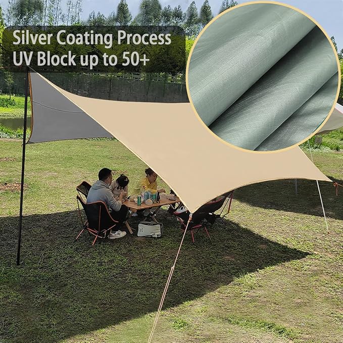 15ft x 15ft Camping Tarp Shelter with Poles Large Tent Tarp Waterproof Rain Fly for Hammock Cover Bushcraft Picnic Backpacking Outdoor Survival