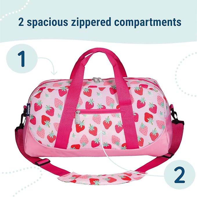 Wildkin Kids Overnighter Duffel Bag – Carry-On Size, Ideal for School & Sleepovers – Strawberry Patch