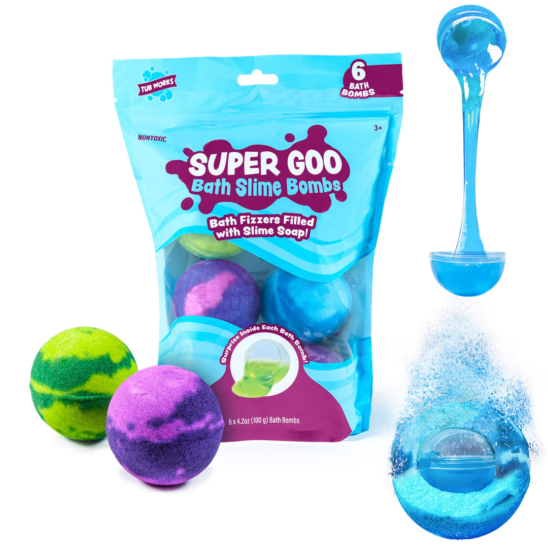 Tub Works® Super Goo Bath Slime 'Surprise' Bath Bombs, 6 Pack | Kids Bath Bombs with Surprise Inside | Nontoxic | Stretchy, Squishy Bath Slime Soap Surprise Inside | Sensory Fun Bath Bombs for Kids