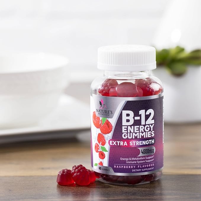 B-12 Vitamin Energy Gummies - 4500mcg Extra Strength B12 Gummy Chewables for Energy Metabolism & Immune Support - Dietary Supplement for Women, Men, & Kids - Non-GMO, Vegan, Berry Flavor - 60 Count