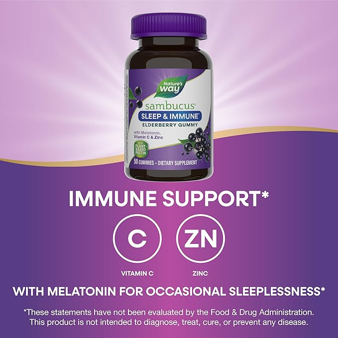 Nature’s Way Sambucus Sleep + Immune* Elderberry Gummies, Sleep and Immune Support*, With Melatonin, Vitamin C, L-Theanine, Zinc, 50 Gummies (Packaging May Vary)
