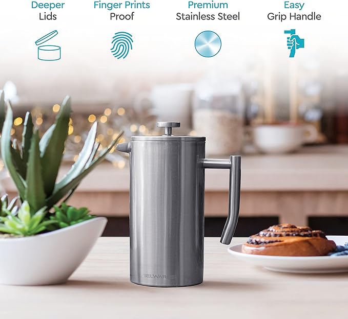 Belwares French Press Coffee Maker - 34 oz Double-Wall Insulated Coffee Press with 4-Level Filtration System, Stainless Steel 1 Liter - Perfect for Camping, Home, or Office