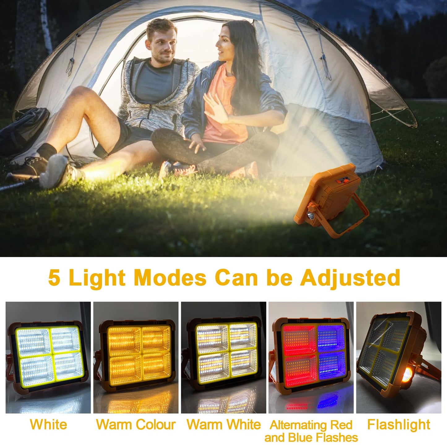 100W Double Solar Portable Work Light, 288 LEDs Rechargeable FloodLights Outdoor with Stand, 4 Light Modes, 12000mAH 10000LM Power Bank Waterproof Spotlight for Repairing, Emergency, Camping