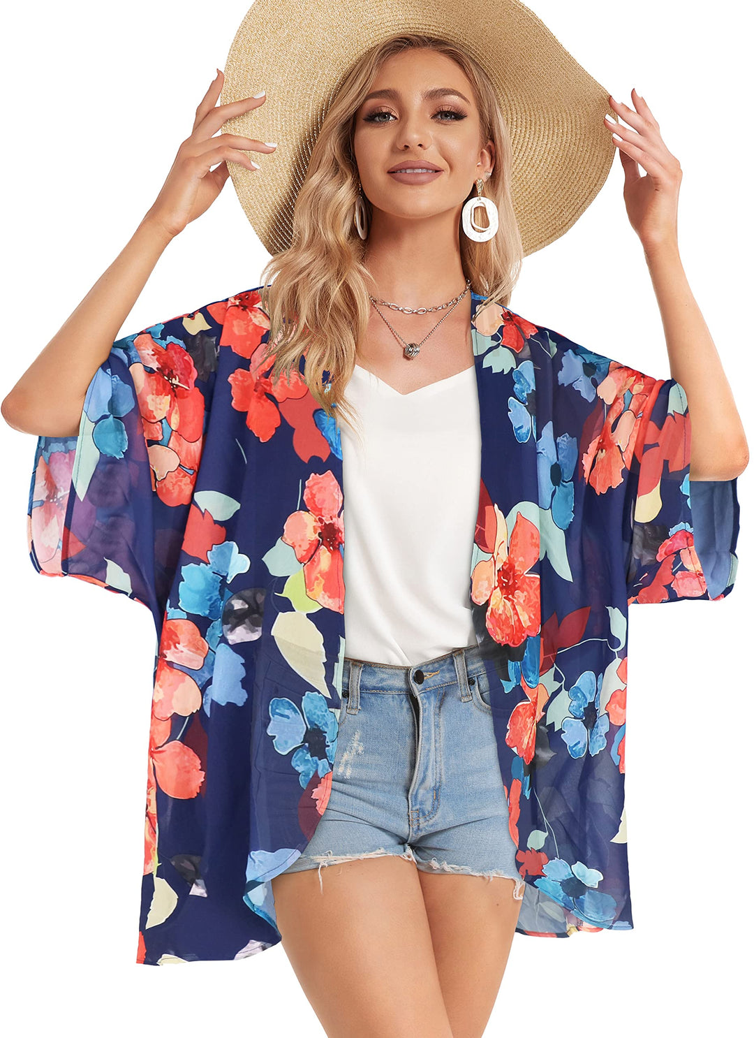 Summer Kimono Cardigan for Women Sheer Light Tops Casual Open Front Swimwear Shirts Beach Cover ups (Oil Blue,S)