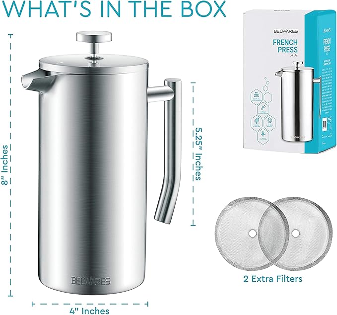 Belwares French Press Coffee Maker - 34 oz Double-Wall Insulated Coffee Press with 4-Level Filtration System, Stainless Steel 1 Liter - Perfect for Camping, Home, or Office